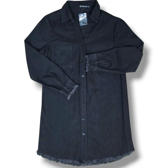 ZILCREMO | COTTON BLEND BLACK DENIM RAW HEM LONG SLEEVE SHIRT DRESS - NW… - Picture 1 of 16